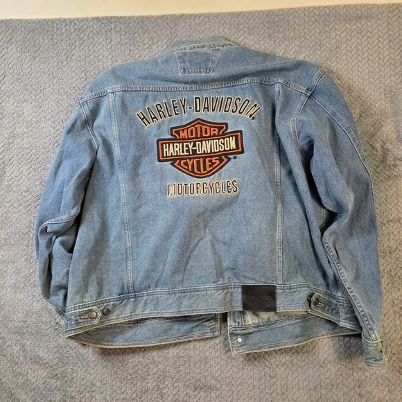 Harley-Davidson Denim Jacket 3XL Big & Tall Blue Jean Trucker Embroidered Logo - Picture 9 of 11